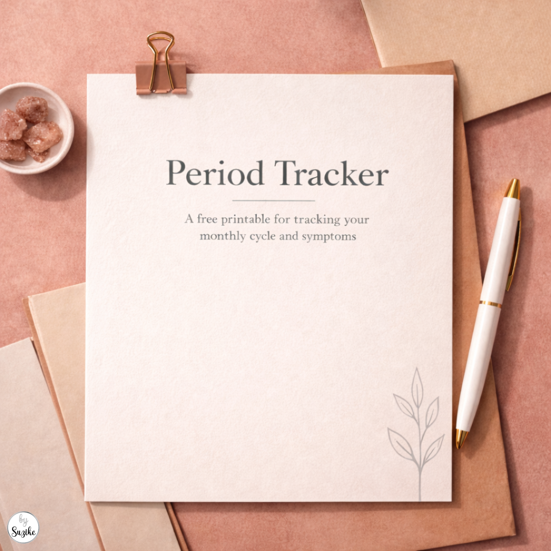 Mockup of the Period Tracker free printable styled with a blush background, pen and minimal feminine stationery