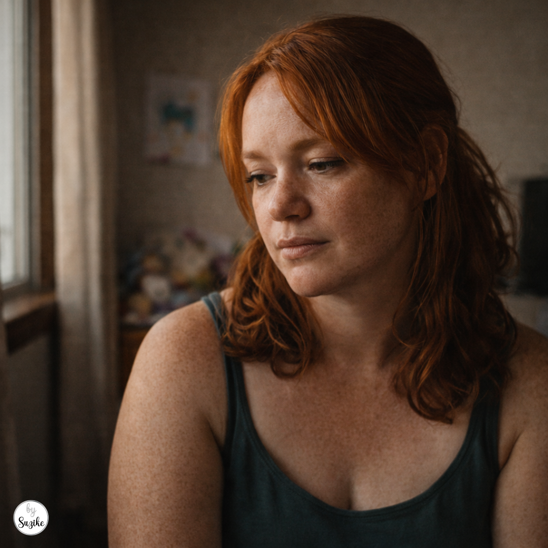 Loneliness single mother: single mother wrapped in a blanket holding a mug, with subtle signs of motherhood in the background