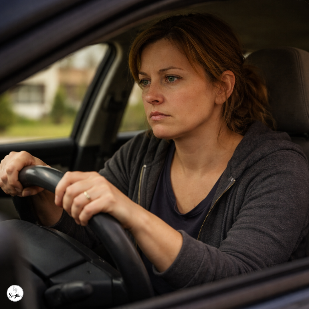 Woman sitting alone inside a parked car, showing the stigma and emotional burden faced by prison wives