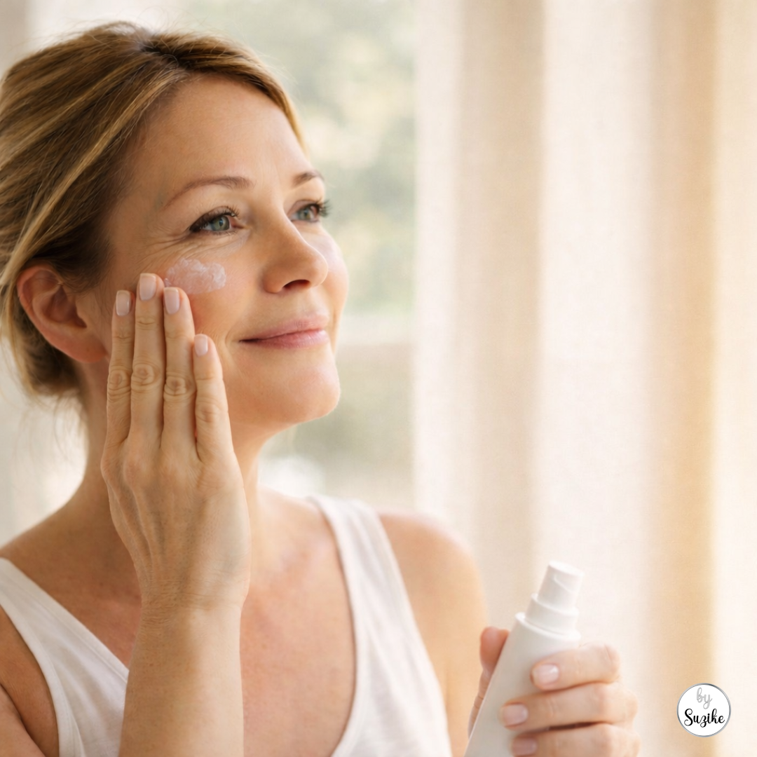 Sun protection for women over 40 with woman applying sunscreen to her face