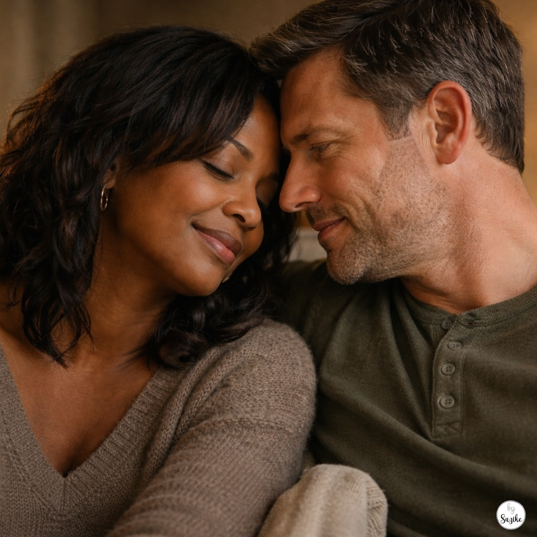How Do You Know You’re in Love? Interracial couple in their forties sitting close together on a couch with foreheads nearly touching, sharing a quiet tender moment.