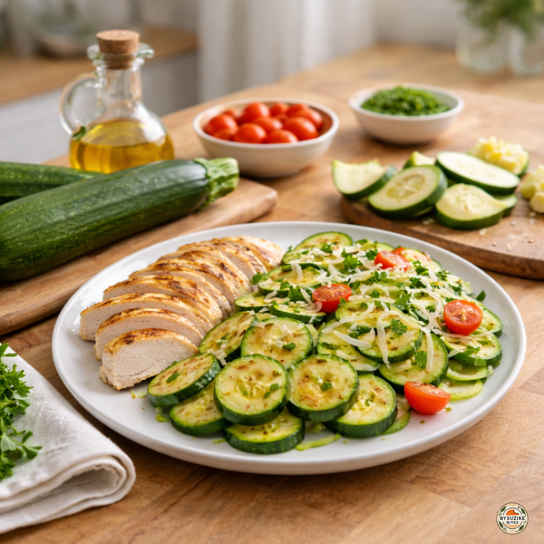 Zucchini for low carb on a wooden kitchen countertop with fresh zucchini and a simple low carb meal idea in natural light.