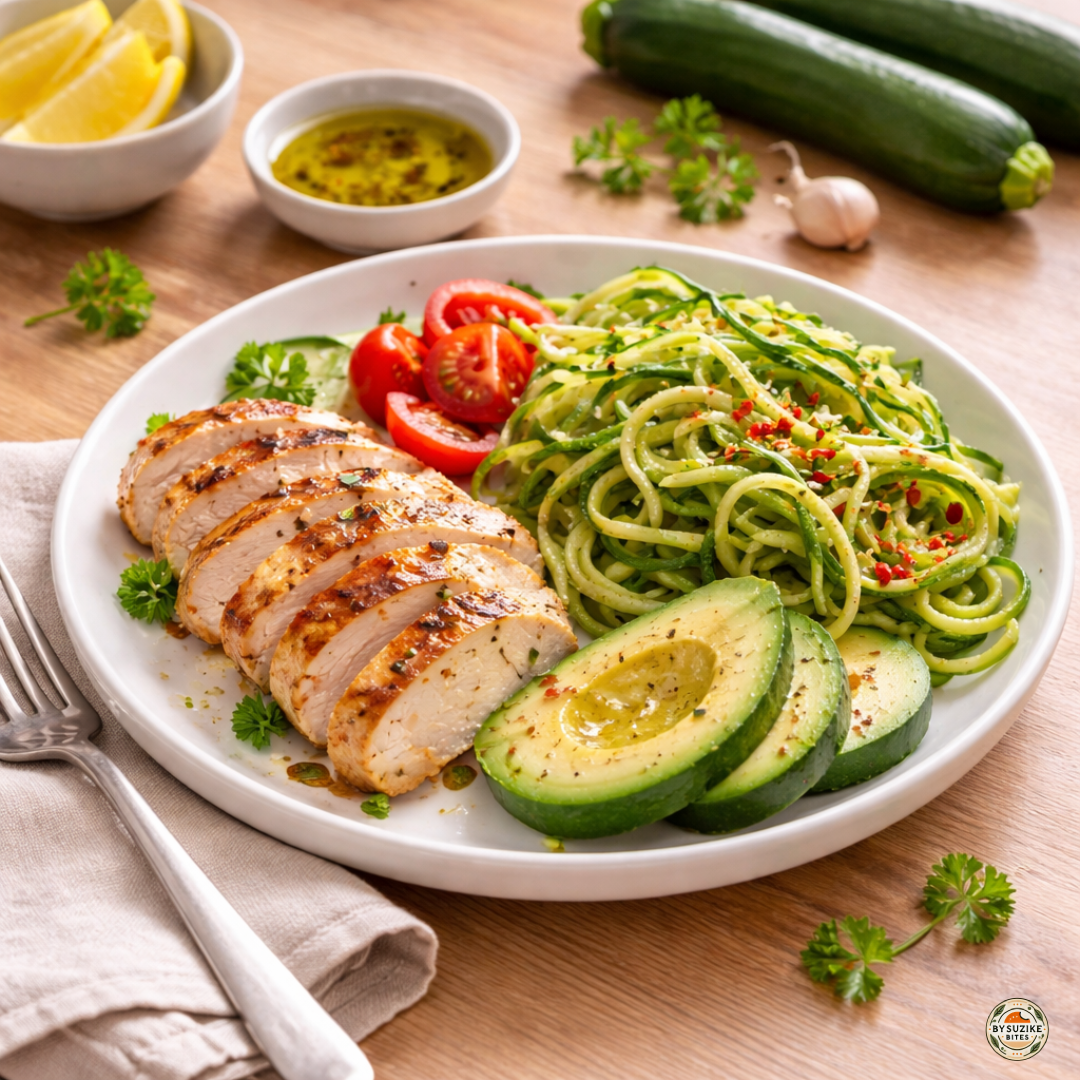 Zucchini for low carb meal with zucchini noodles, grilled chicken, olive oil, herbs and fresh vegetables on a wooden table.