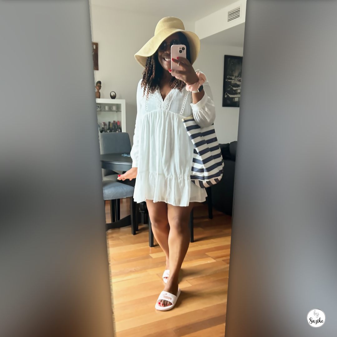 beach-outfit-with-summer-hat-white-dress-03 Easy beach outfit with summer hat, white flowy dress, striped beach bag and comfortable pink slides