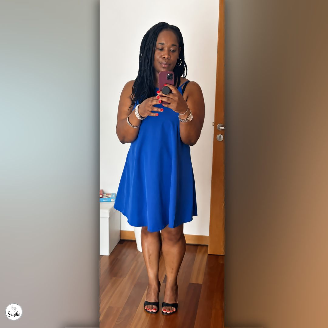 Blue Shein dress styled with dark blue Bata sandals, hoop earrings and vintage bracelets.