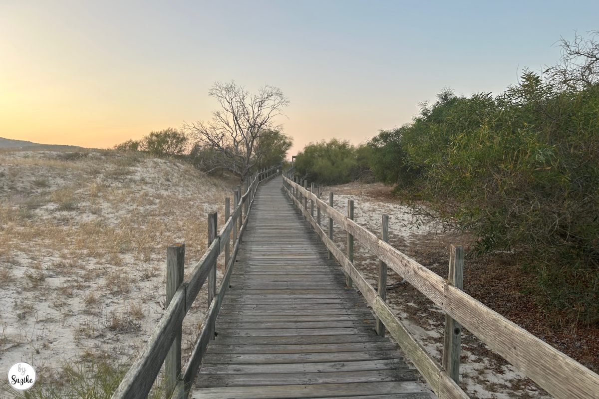 Wooden boardwalk through the dunes at sunset during a relaxing vacation in Troia Portugal
