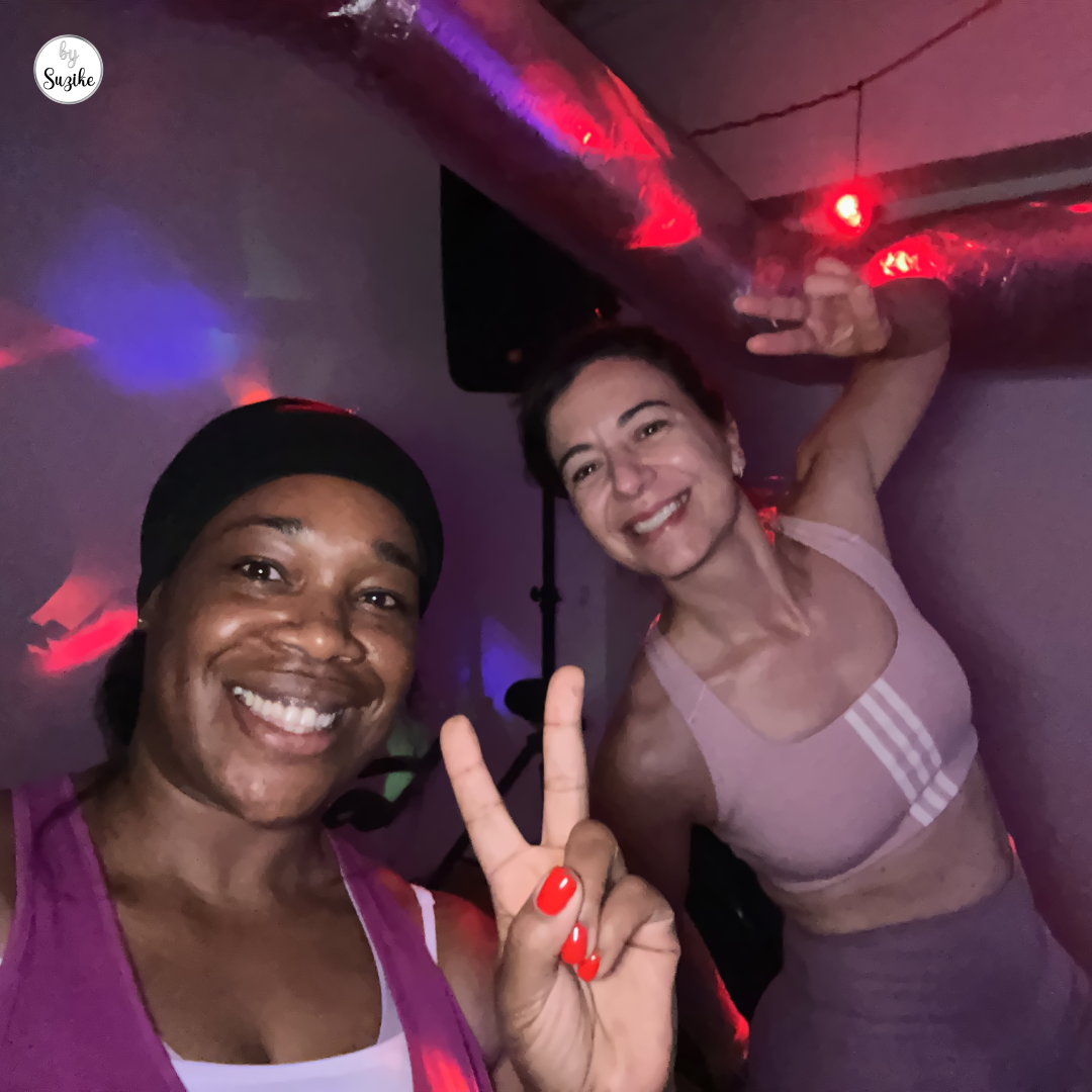 RPM High Performance class review with a fellow student after an intense indoor cycling session.