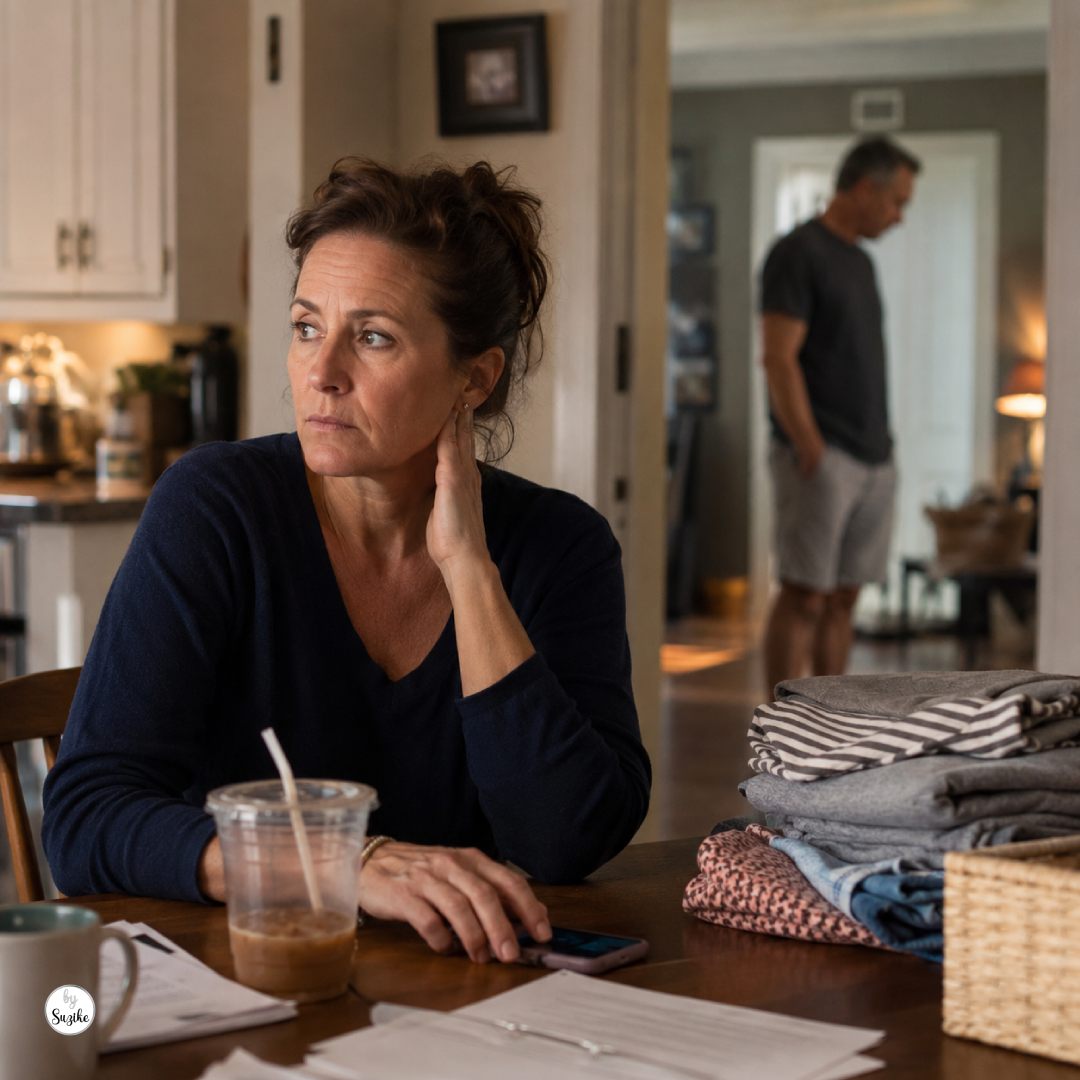 Nome de ficheiro_ toxic-relationship-or-just-tired-after-40-kitchen-table Woman at a kitchen table reflecting on whether she is in a toxic relationship or just tired after 40.