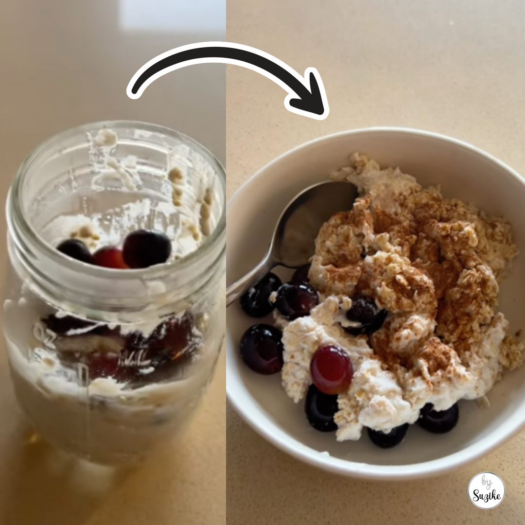 Breakfast meal prep for tired mornings with yogurt, oats, grapes and cinnamon prepared in a jar and served in a bowl.
