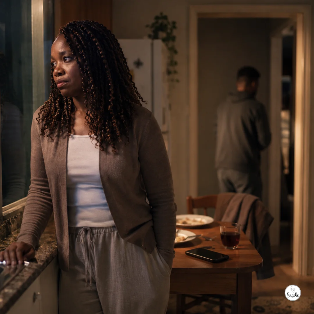 Woman over 40 standing alone in a kitchen at night, reflecting on whether love can exist without respect in a relationship.