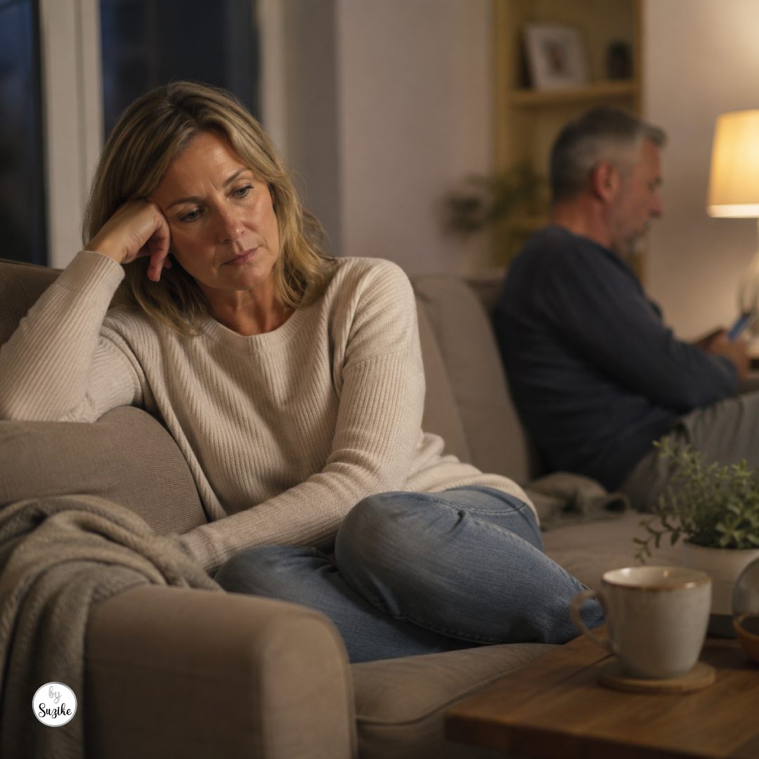 Woman over 40 sitting alone on a sofa while her partner sits emotionally distant in the background, representing feeling alone in a relationship after 40.
