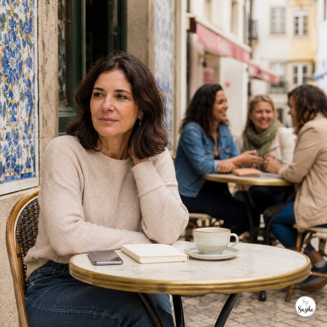 Woman over 40 sitting alone at an outdoor café in Portugal, with other women chatting in the background, for an article about how to make friends in Portugal after 40.