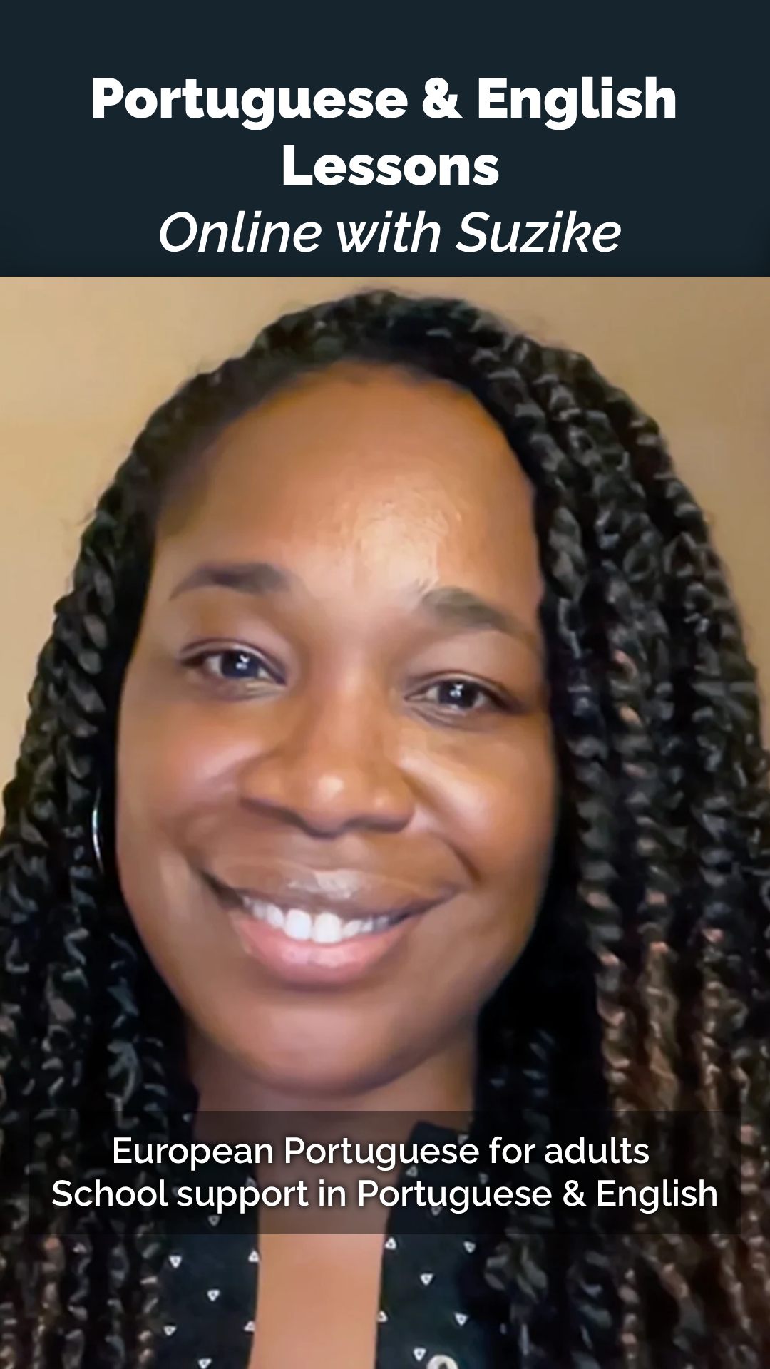 Online Portuguese and English lessons with Suzike, including European Portuguese for adults and school support.