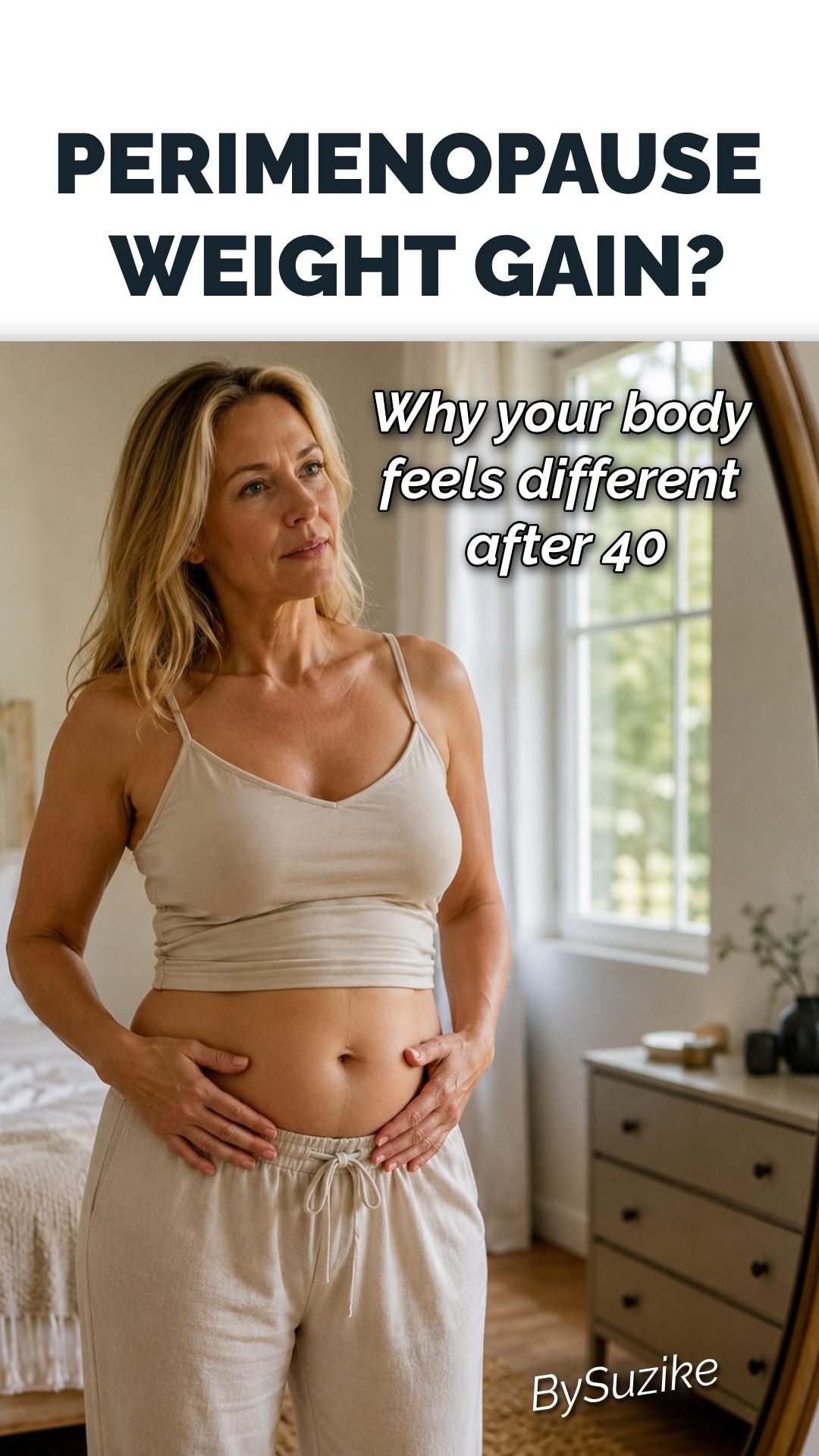Perimenopause weight gain and body changes after 40 reflected by a brunette midlife woman looking in the mirror story