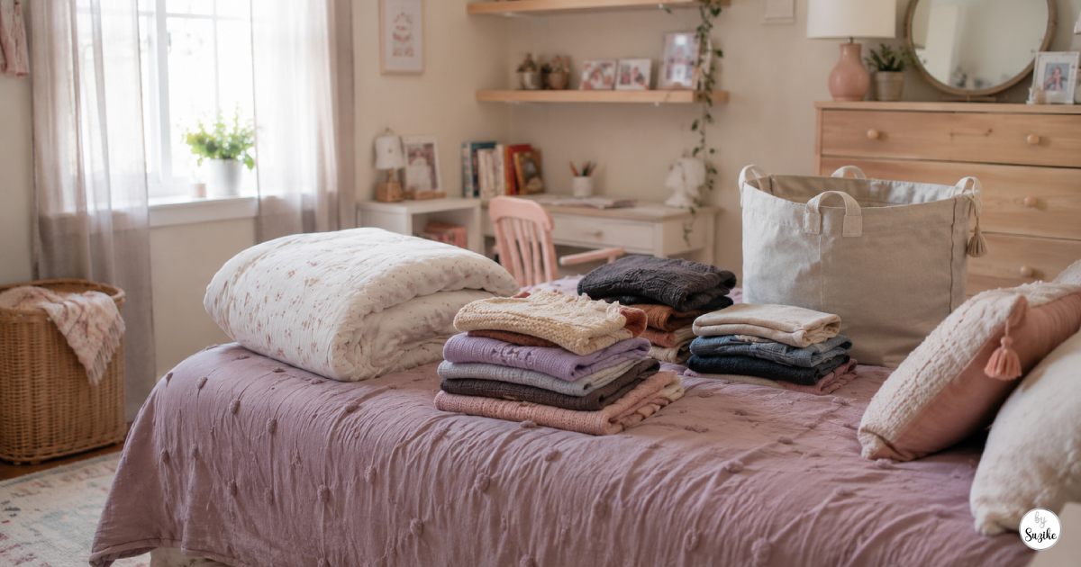 Summer home reset in an 11-year-old girl’s bedroom with folded winter clothes, a duvet ready to store and a fabric donation bag on the bed.
