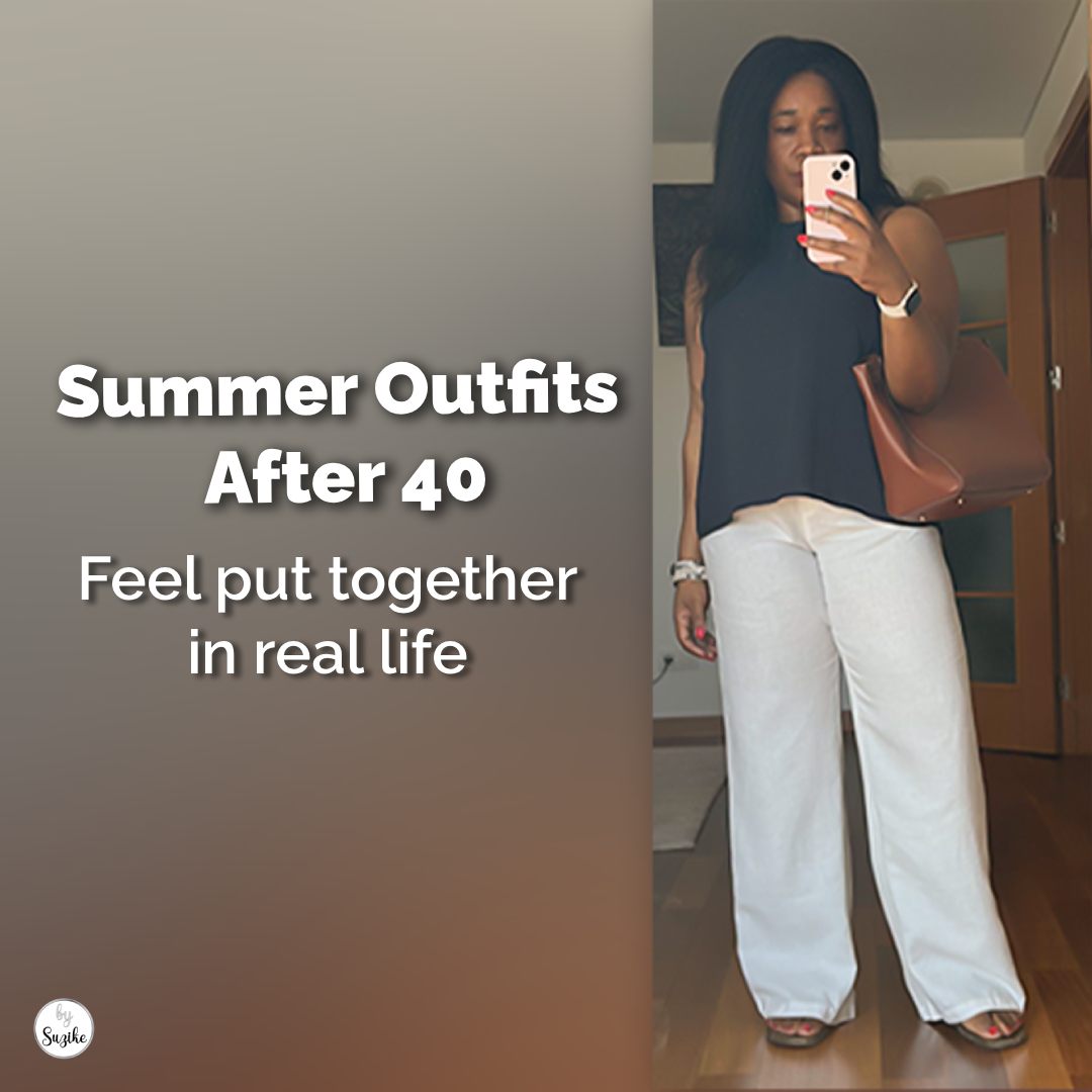 Summer outfits for women over 40 shown through a real-life navy top and white trousers outfit