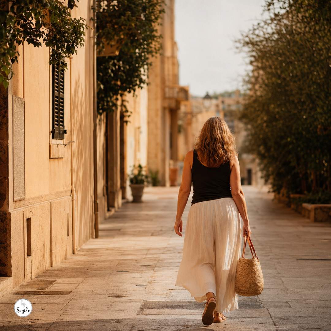 Dating After 40 Feels Exhausting Woman walking alone down a sunlit stone street, wearing a flowing white skirt, dark sleeveless top, and carrying a straw bag in a calm, warm setting.
