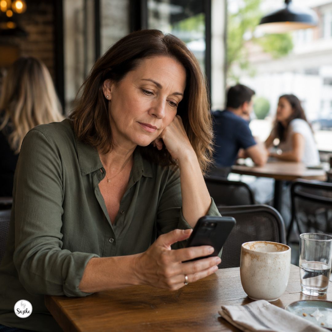 Novo Projetodating-after-40-feels-exhausting Woman over 40 sitting alone with her phone, looking emotionally tired after modern dating and mixed signals