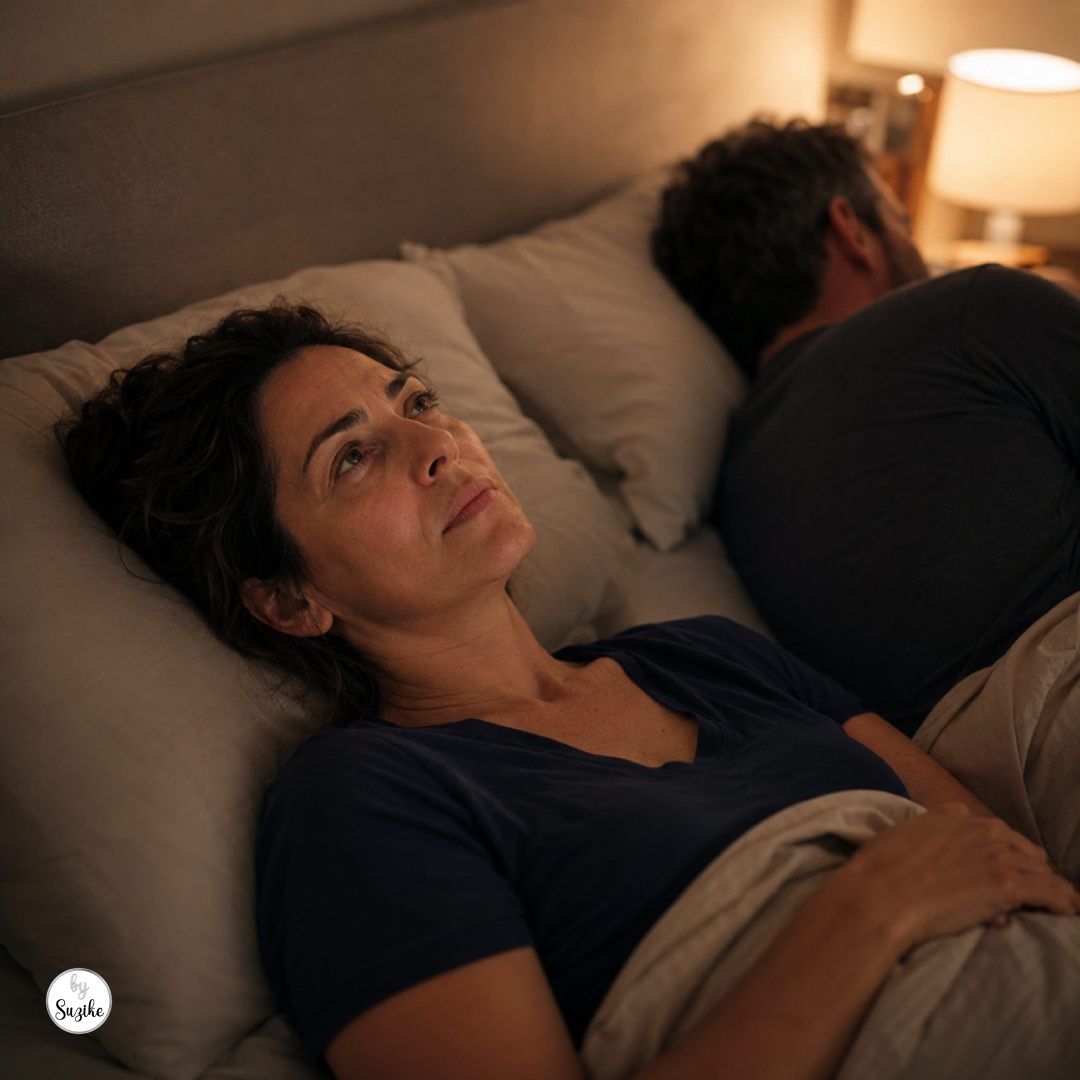 Woman over 40 lying awake beside a partner turned away in a sexless marriage after 40