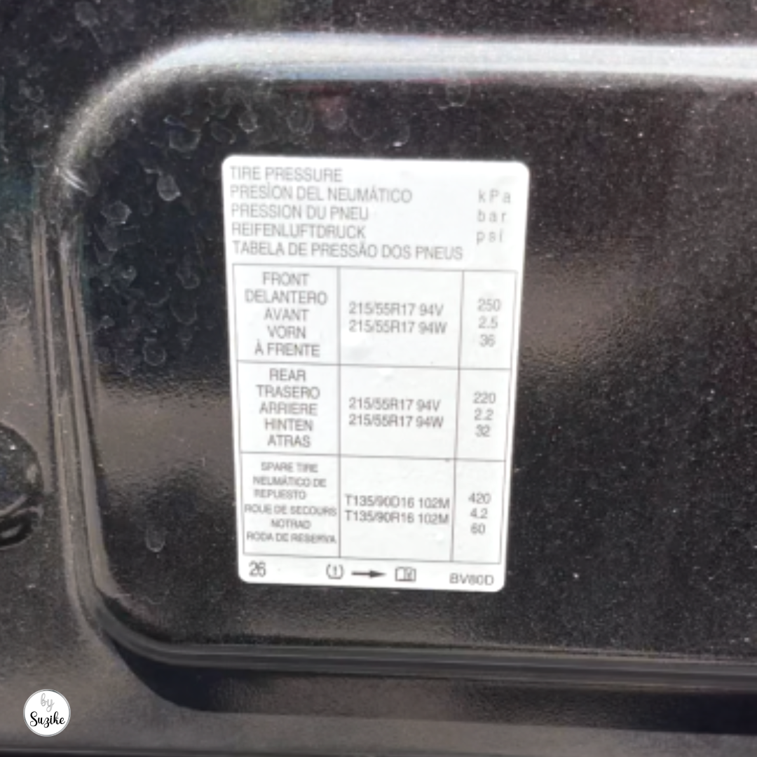 car-recommended-tire-pressure-label Vehicle tire pressure label showing the recommended pressure for the car