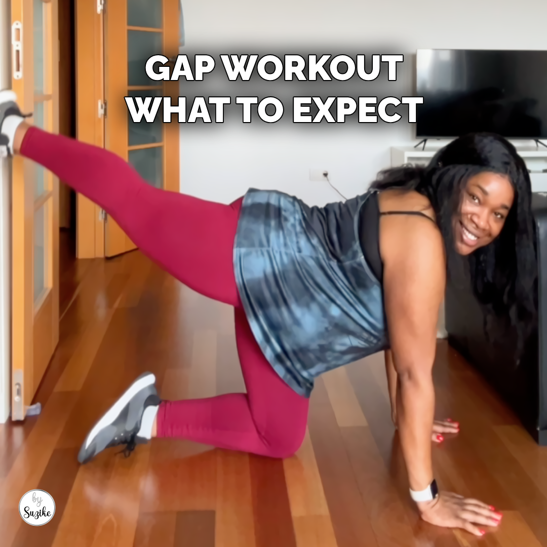 GAP workout review thumbnail showing a woman performing a quadruped leg lift.