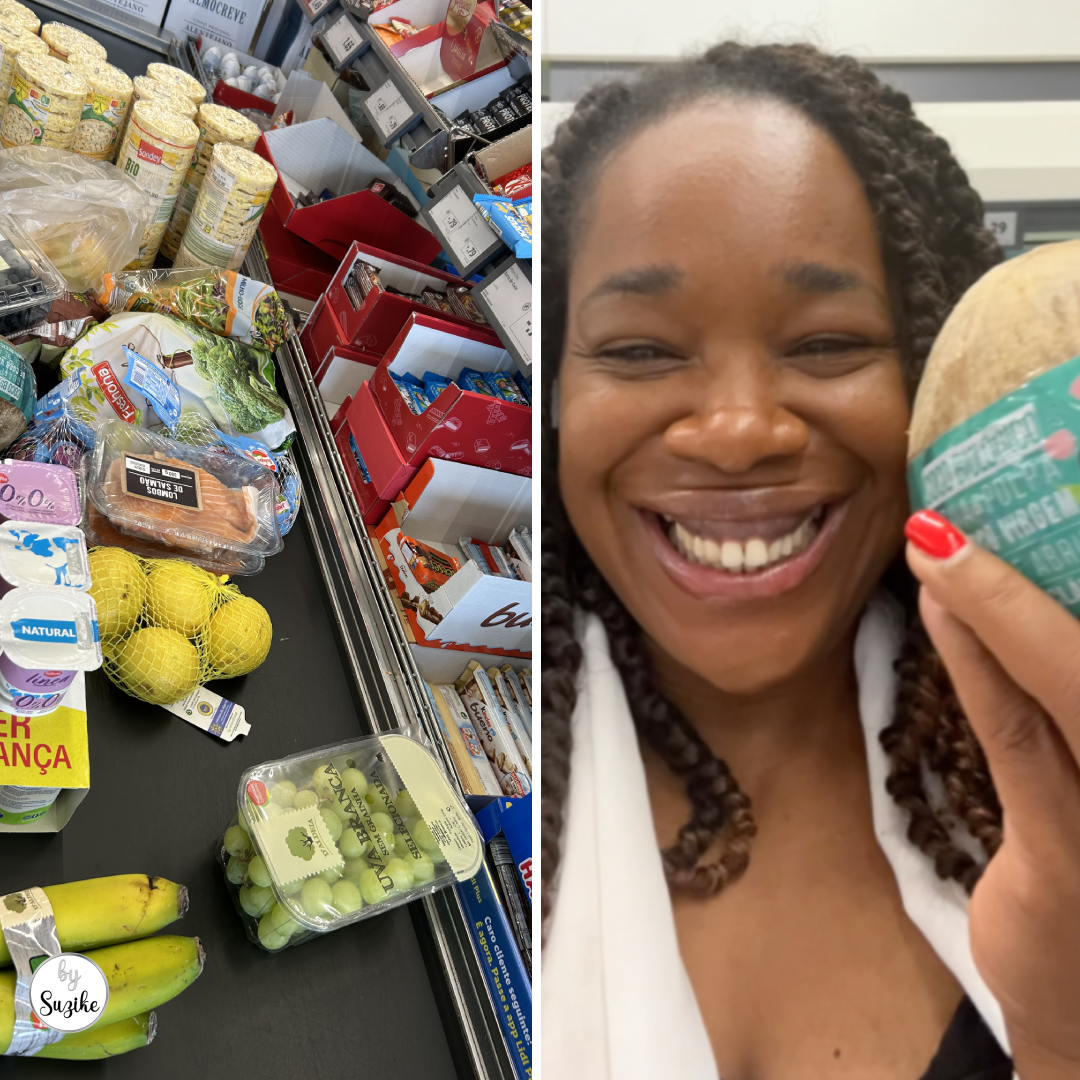 Suzike smiling at Lidl beside a grocery cart filled with fruit, vegetables, yogurt and other groceries.