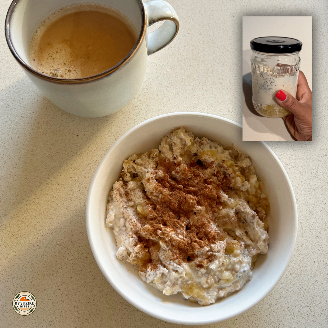 Overnight oats with Greek yogurt, banana, chia and cinnamon served with coffee